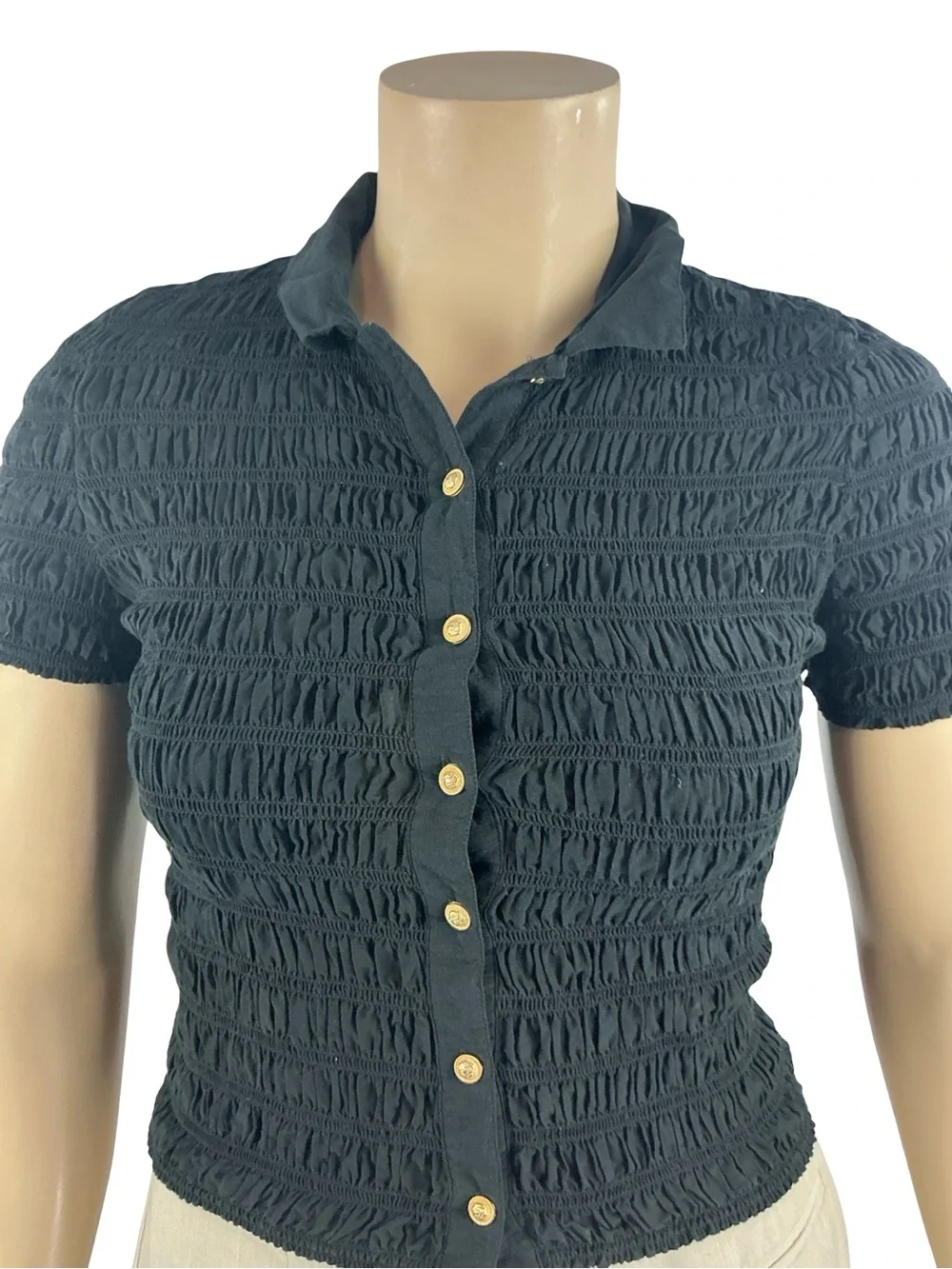 J.Crew Smocked Button-Up Shirt Cotton Blend Voile Black Size L